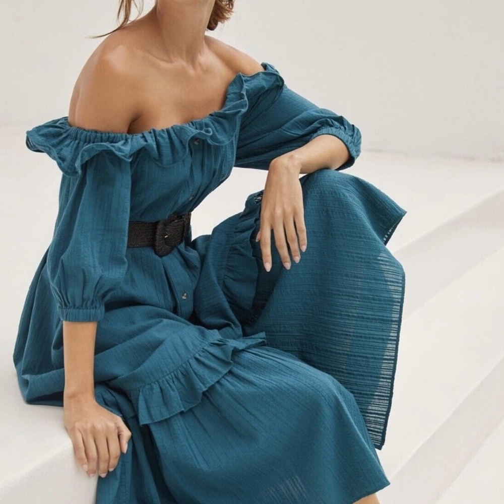 Anthropologie Ruffle Tiered Off The Shoulder Button Gauze Maxi Dress M
